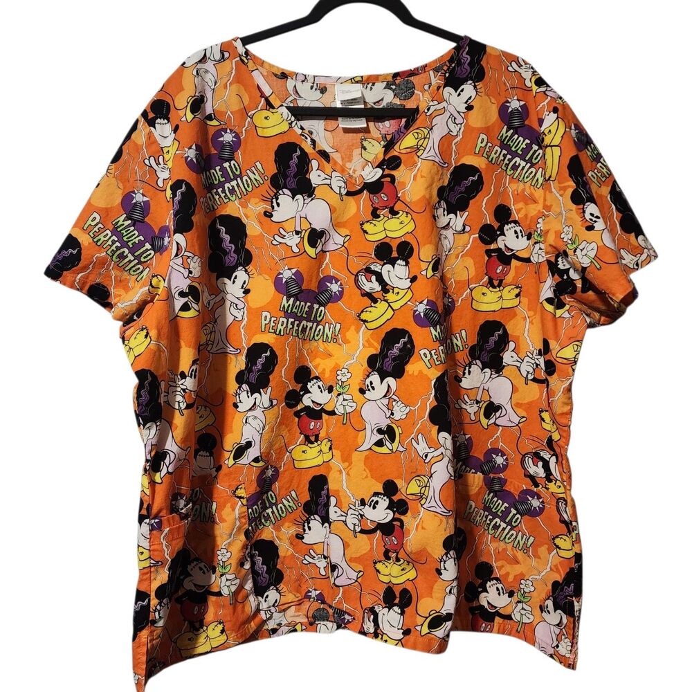 Disney 3 Pocket Orange Halloween Mickey  Minnie  Scrub Top Size 3X
